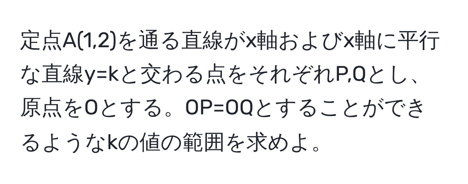 定点A(1,2)を通る直線がx軸およびx軸に平行な直線y=kと交わる点をそれぞれP,Qとし、原点をOとする。OP=OQとすることができるようなkの値の範囲を求めよ。