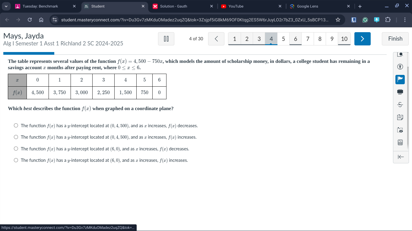 Tuesday: Benchmark × M Student × Solution - Gauth × YouTube × Google Lens +
student.masteryconnect.com/?iv=Du3Gv7zMKduOMadez2uqZQ&tok=3Zsjpf5iG8kM69OF0Ktqg2ES5W6rJuyLO2r7bZ3_0ZxU_5sBCP13... ☆
Mays, Jayda 4 of 30 1 2 3 4 5 6 7 8 9 10 Finish
Alg I Semester 1 Asst 1 Richland 2 SC 2024-2025
The table represents several values of the function f(x)=4,500-750x e, which models the amount of scholarship money, in dollars, a college student has remaining in a
savings account x months after paying rent, where 0≤ x≤ 6.
Which best describes the function f(x) when graphed on a coordinate plane?
The function f(x) has a y-intercept located at (0,4,500) , and as x increases, f(x) decreases.
The function f(x) has a y-intercept located at(0,4,500) , and as x increases, f(x) increases.
The function f(x) has a y-intercept located at (6,0) , and as x increases, f(x) decreases.
The function f(x) has a y-intercept located at (6,0) ), and as x increases, f(x) increases.
https://student.masteryconnect.com/?iv=Du3Gv7zMKduOMadez2uqZQ&tok=..