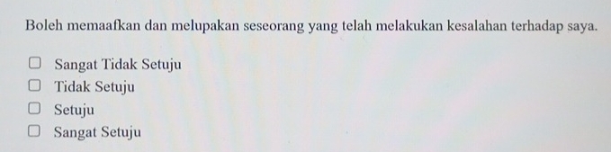 Boleh memaafkan dan melupakan seseorang yang telah melakukan kesalahan terhadap saya.
Sangat Tidak Setuju
Tidak Setuju
Setuju
Sangat Setuju