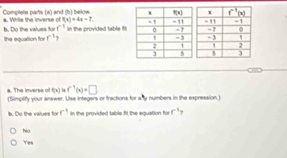 Complete parts (a) and (b) below. 
a. Write the inverse of f(x)=4x-7.
b. Do the values for f^(-1) in the provided table fit
the equation for f^(-1) ? 
a. The inverse of f(x) is f^(-1)(x)=□
(Simplify your answer. Use integers or fractions for a y numbers in the expression.)
b. Do the values for f^(-1) in the provided table fit the equation for f^(-1)
No
Yes