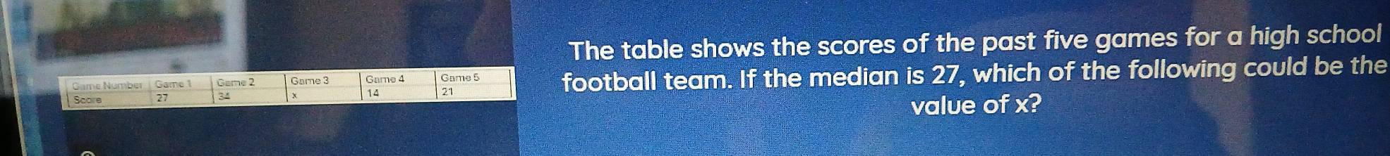 The table shows the scores of the past five games for a high school 
Game 2 Game 3 Game 4 Game 5
34
14 21 football team. If the median is 27, which of the following could be the 
value of x?