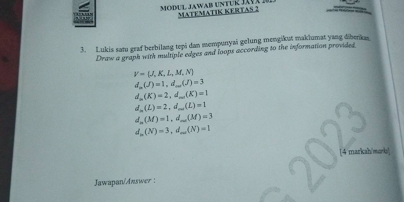 MODUL JawAB UNTUK Jáyá 202 
YAYASAN 
PAHANG 
MATEMATIK KERTAS 2 
KEMENTERIAH EMDOIL 
Jabatan Péndician Segent 
3. Lukis satu graf berbilang tepi dan mempunyai gelung mengikut maklumat yang diberika. 
Draw a graph with multiple edges and loops according to the information provided.
V= J,K,L,M,N
d_in(J)=1, d_out(J)=3
d_in(K)=2, d_out(K)=1
d_in(L)=2, d_out(L)=1
d_in(M)=1, d_out(M)=3
d_in(N)=3, d_out(N)=1
[4 markah/marks] 
Jawapan/Answer :