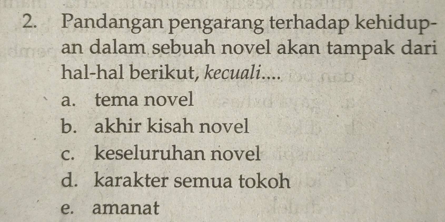 Pandangan pengarang terhadap kehidup-
an dalam sebuah novel akan tampak dari
hal-hal berikut, kecuali....
a. tema novel
b. akhir kisah novel
c. keseluruhan novel
d. karakter semua tokoh
e. amanat