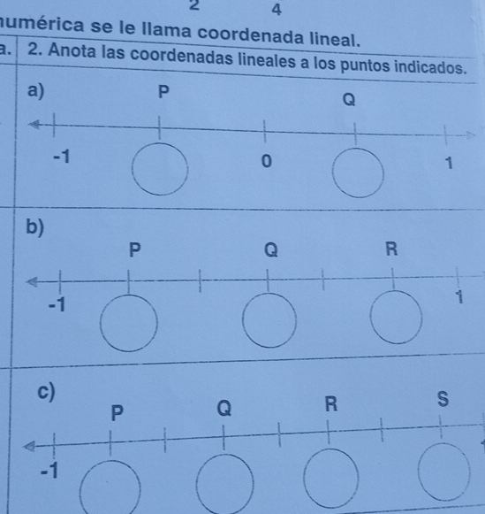 2 4 
numérica se le llama coordenada lineal. 
a. 2. Anota las coordenadas lineales a los puntos indicados. 
b)