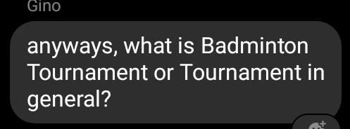 Gino 
anyways, what is Badminton 
Tournament or Tournament in 
general?