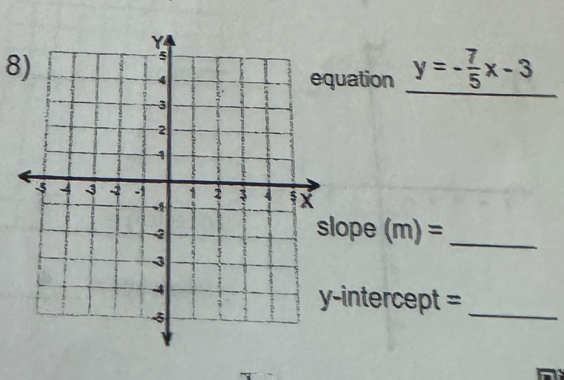 uation y=- 7/5 x-3
ope (m)= _ 
intercept =_