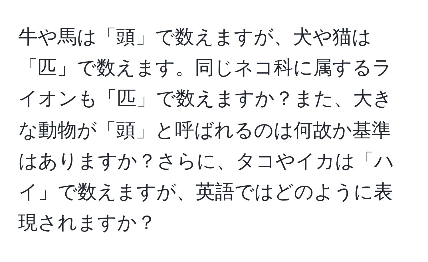 牛や馬は「頭」で数えますが、犬や猫は「匹」で数えます。同じネコ科に属するライオンも「匹」で数えますか？また、大きな動物が「頭」と呼ばれるのは何故か基準はありますか？さらに、タコやイカは「ハイ」で数えますが、英語ではどのように表現されますか？