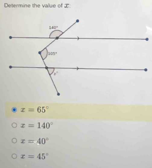 Determine the value of X
x=65°
x=140°
x=40°
x=45°