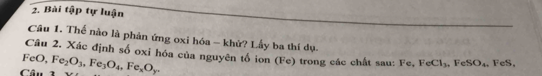 Bài tập tự luận 
Câu 1. Thế nào là phản ứng oxi hóa - khử? Lấy ba thí dụ. 
Câu 2. Xác định số oxi hóa của nguyên tố ion (Fe) trong các chất sau: Fe, ,FeCl_3 , Fe SO_4 , FeS, 
FeO, 
Câu 3 Fe_2O_3, Fe_3O_4, Fe_xO_y.