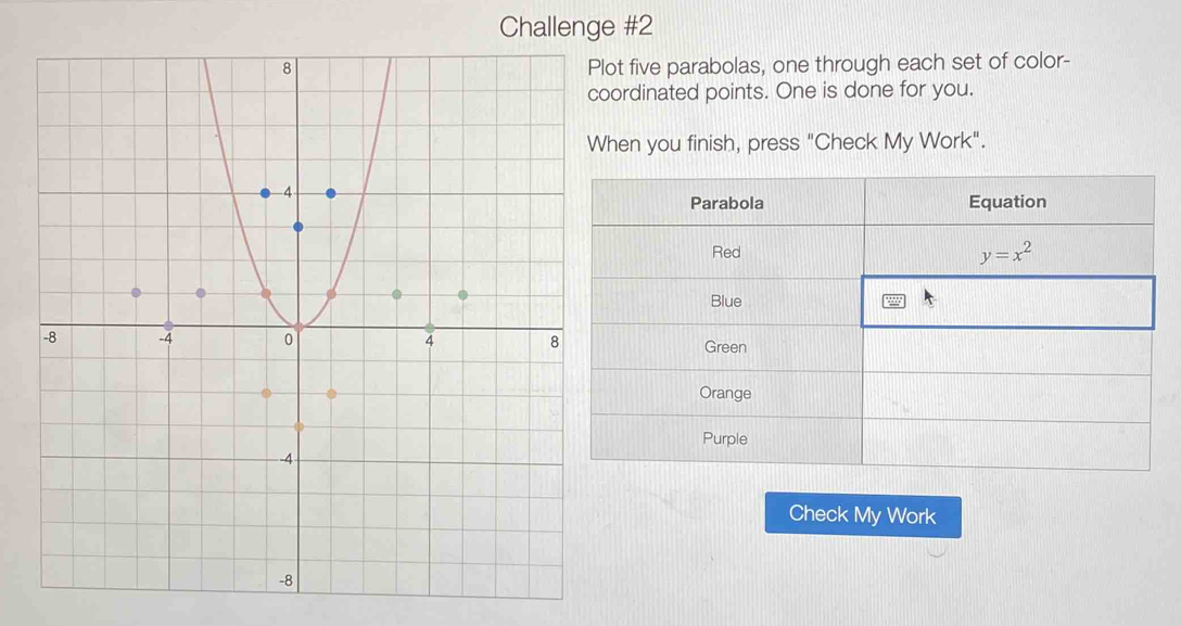 Challenge #2
lot five parabolas, one through each set of color-
oordinated points. One is done for you.
hen you finish, press "Check My Work".
Check My Work