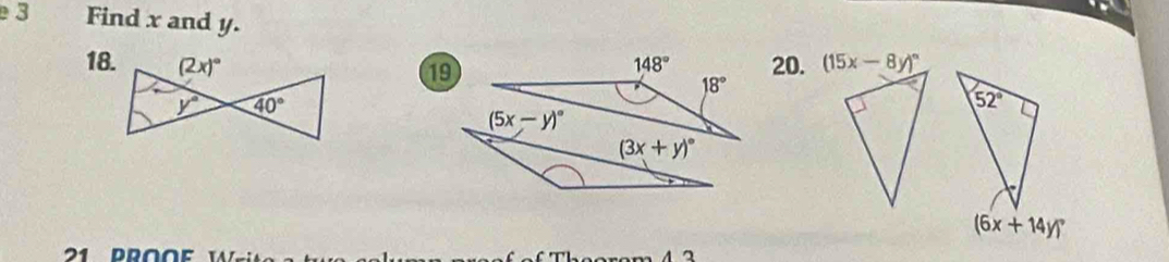 Find x and y.
18. 20. (15x-8y)^circ 
⑲
(6x+14y)^circ 