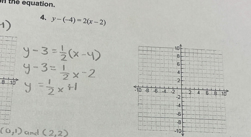 the equation. 
4. y-(-4)=2(x-2)
8 10