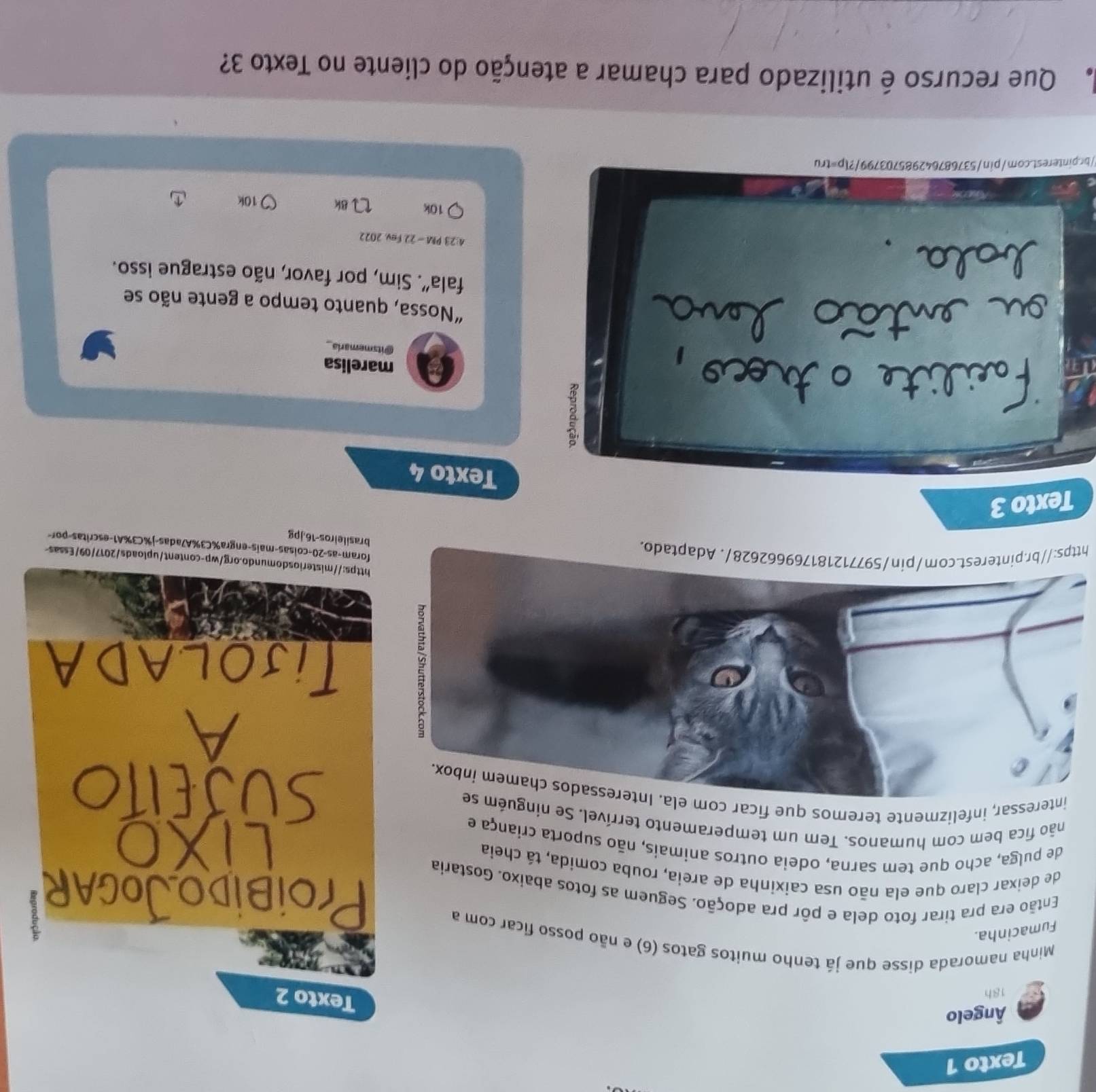 Texto 1 
Ângelo 
18h 
Texto 2 
Minha namorada disse que já tenho muitos gatos (6) e não posso ficar com a 
Fumacinha. 
Proißl 
Então era pra tirar foto dela e pôr pra adoção. Seguem as fotos abaixo. Gostaria 
de deixar claro que ela não usa caixinha de areia, rouba comida, tá cheia 
de pulga, acho que tem sarna, odeia outros animais, não suporta criança e 
não fica bem com humanos. Tem um temperamento terrível. Se ní 
essar, infelizmente teremos que ficar 
teriosdomundo.org/wp-content/uploads/2017/09/Essas- 
https://br.pinterest.com/pin/597712181769662628/. Adaptado. 
foram-as-20-coisas-mais-engra%C3%A7adas-j%C3%A1-escritas-por- 
brasileiros-16.jpg 
Texto 3 
Texto 4 
marelisa 
@itsmemaria_ 
“Nossa, quanto tempo a gente não se 
fala'. Sim, por favor, não estrague isso. 
4:23 PM -22 Fev, 2022 
10k 
Bk 
10k 
//br.pinterest.com/pin/537687642985703799/?lp=tru 
Que recurso é utilizado para chamar a atenção do cliente no Texto 3?