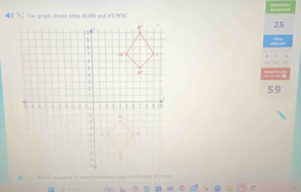 Quections
01 frac 1/2 The graph shows kites KLMN and KL'M'N'. answered
25
elapsed time
∞
out af 100 ( SmarlScore
59
。 Gas