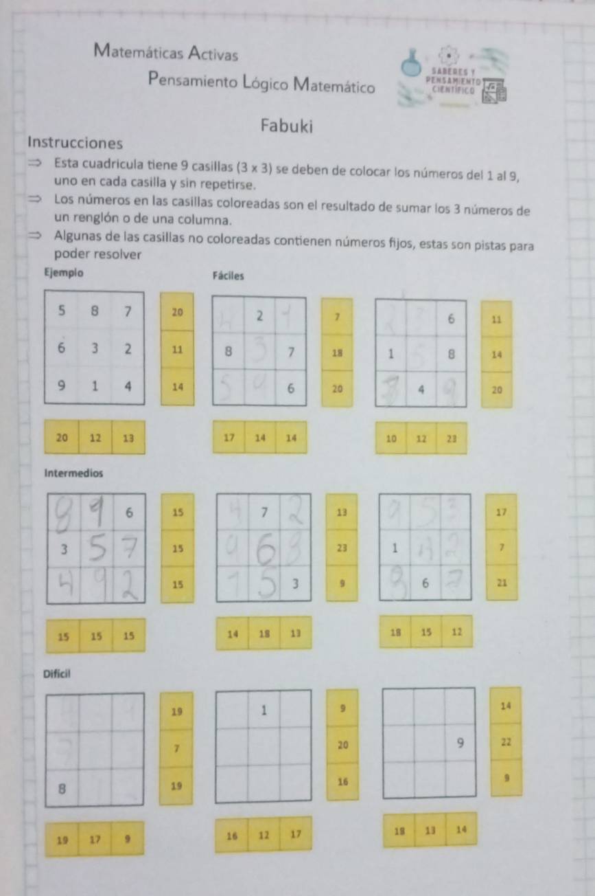 Matemáticas Activas 
Pensamiento Lógico Matemático 
Fabuki 
Instrucciones 
Esta cuadricula tiene 9 casillas ( 3* 3 I se deben de colocar los números del 1 al 9, 
uno en cada casilla y sin repetirse. 
Los números en las casillas coloreadas son el resultado de sumar los 3 números de 
un renglón o de una columna. 
Algunas de las casillas no coloreadas contienen números fijos, estas son pistas para 
poder resolver 
Ejemplo Fáciles
11
14
20
20 12 13 17 14 14 10 12 23
Intermedios

14 18 13 18 15 12
Dificil
14
22
9
19 17 9 16 12 17 18 13 14