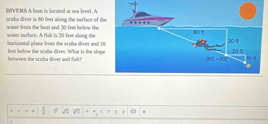 DIVERS A boat is located at sea level. A
scuba diver is 80 feet along the surface of th
water from the boat and 30 feet below the
water surface. A fish is 20 feet along the
horizontal plane from the scuba diver and 10
feet below the scuba diver. What is the slope
between the scuba diver and fish?
+  □ /□   □^(□) sqrt(□ ) J (□) π
n