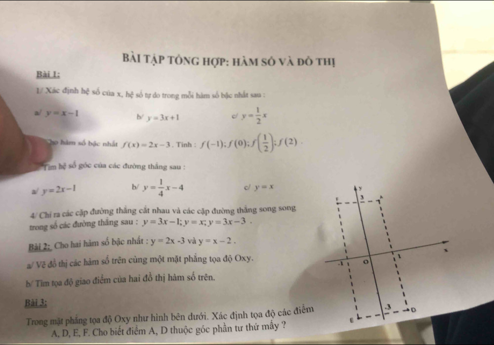 Bài Tập tông hợp: hàm số và đô thị 
Bài 1: 
1/ Xác định hhat c số ciax, hxi số tự do trong mỗi hàm số bậc nhất sau : 
a/ y=x-1
b/ y=3x+1
c/ y= 1/2 x
Cho hàm số bậc nhất f(x)=2x-3. Tính : f(-1); f(0); f( 1/2 ); f(2). 
Tim b4 số góc của các đường thẳng sau : 
a/ y=2x-1 b/ y= 1/4 x-4
cl y=x
4/ Chi ra các cặp đường thẳng cắt nhau và các cặp đường thắng song song 
trong số các đường thắng sau : y=3x-1; y=x; y=3x-3. 
Bài 2: Cho hai hàm _  6 bậc nhất : y=2x-3 và y=x-2. 
a/ Vẽ đồ thị các hàm số trên cùng một mặt phẳng tọa độ Oxy. 
b/ Tìm tọa độ giao điểm của hai đồ thị hàm số trên. 
Bài 3: 
Trong mặt phẳng tọa độ Oxy như hình bên dưới. Xác định tọa độ các điểm 
A, D, E, F. Cho biết điểm A, D thuộc góc phần tư thứ mấy ?