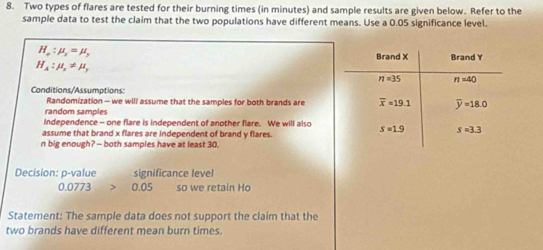 Two types of flares are tested for their burning times (in minutes) and sample results are given below. Refer to the
sample data to test the claim that the two populations have different means. Use a 0.05 significance level.
H_o:mu _s=mu _p
H_A:mu _x!= mu _y
Conditions/Assumptions:
Randomization - we will assume that the samples for both brands are
random samples
Independence - one flare is independent of another flare. We will also
assume that brand x flares are independent of brand y flares.
n big enough? — both samples have at least 30.
Decision: p-value significance level
0.0773 0.05 so we retain Ho
Statement: The sample data does not support the claim that the
two brands have different mean burn times.