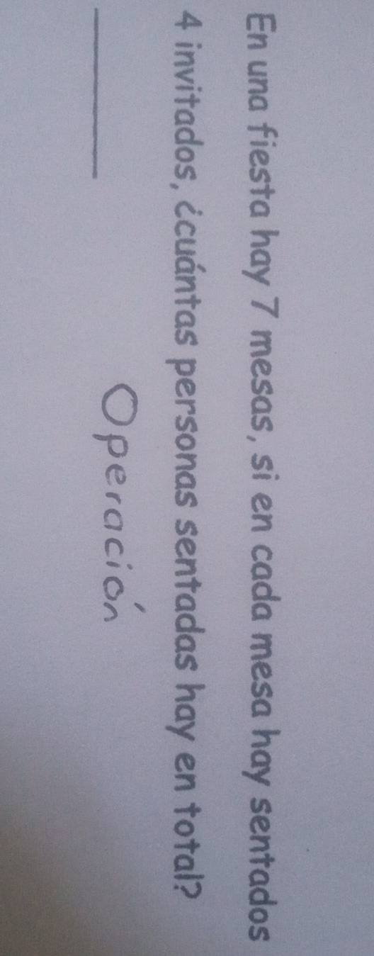 En una fiesta hay 7 mesas, si en cada mesa hay sentados
4 invitados, ¿cuántas personas sentadas hay en total? 
_ 
peracion