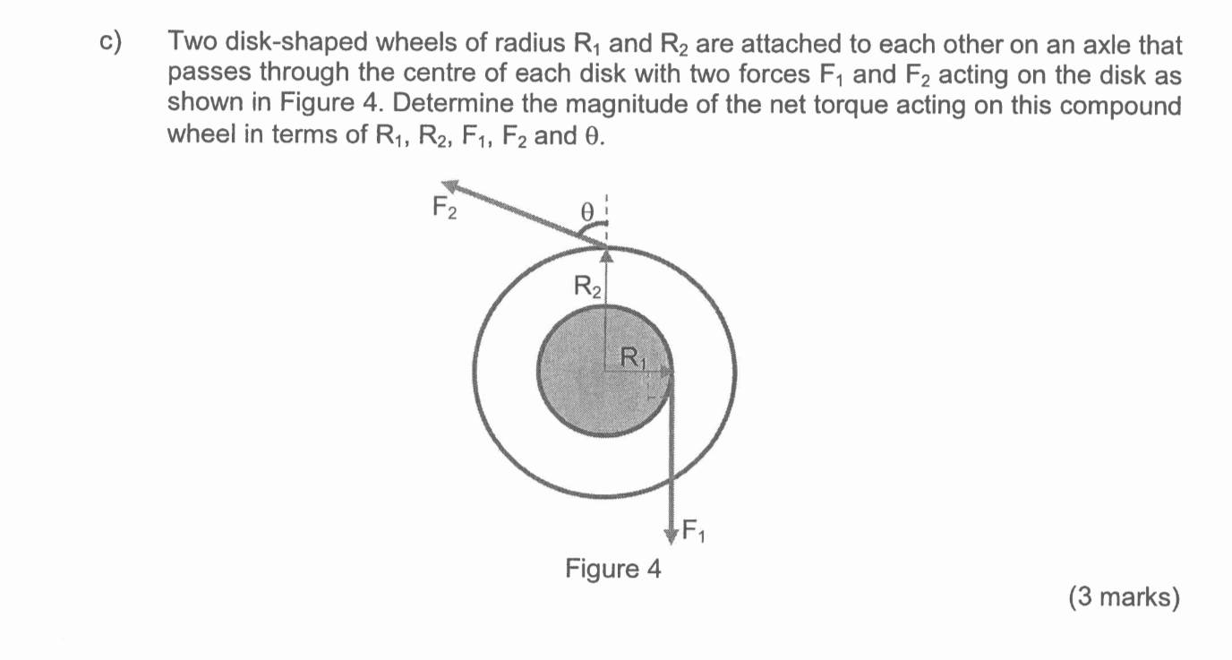 Two disk-shaped wheels of radius R_1 and R_2 are attached to each other on an axle that
passes through the centre of each disk with two forces F_1 and F_2 acting on the disk as
shown in Figure 4. Determine the magnitude of the net torque acting on this compound
wheel in terms of R_1,R_2,F_1,F_2 and θ.
(3 marks)