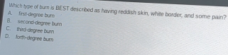 Which type of bum is BEST described as having reddish skin, white border, and some pain?
A. first-degree bum
B. second-degree burn
C. third-degree burn
D. forth-degree burn