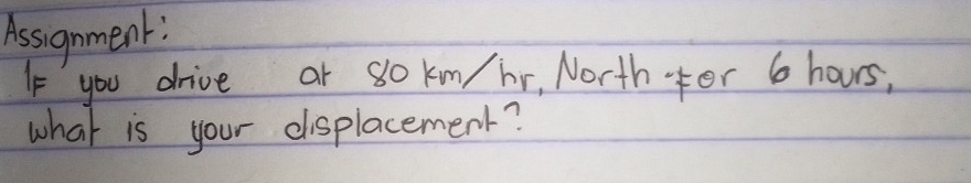 Assignment: 
If you drive ar so kn/ br, North Fer 6 hours, 
what is your displacement?