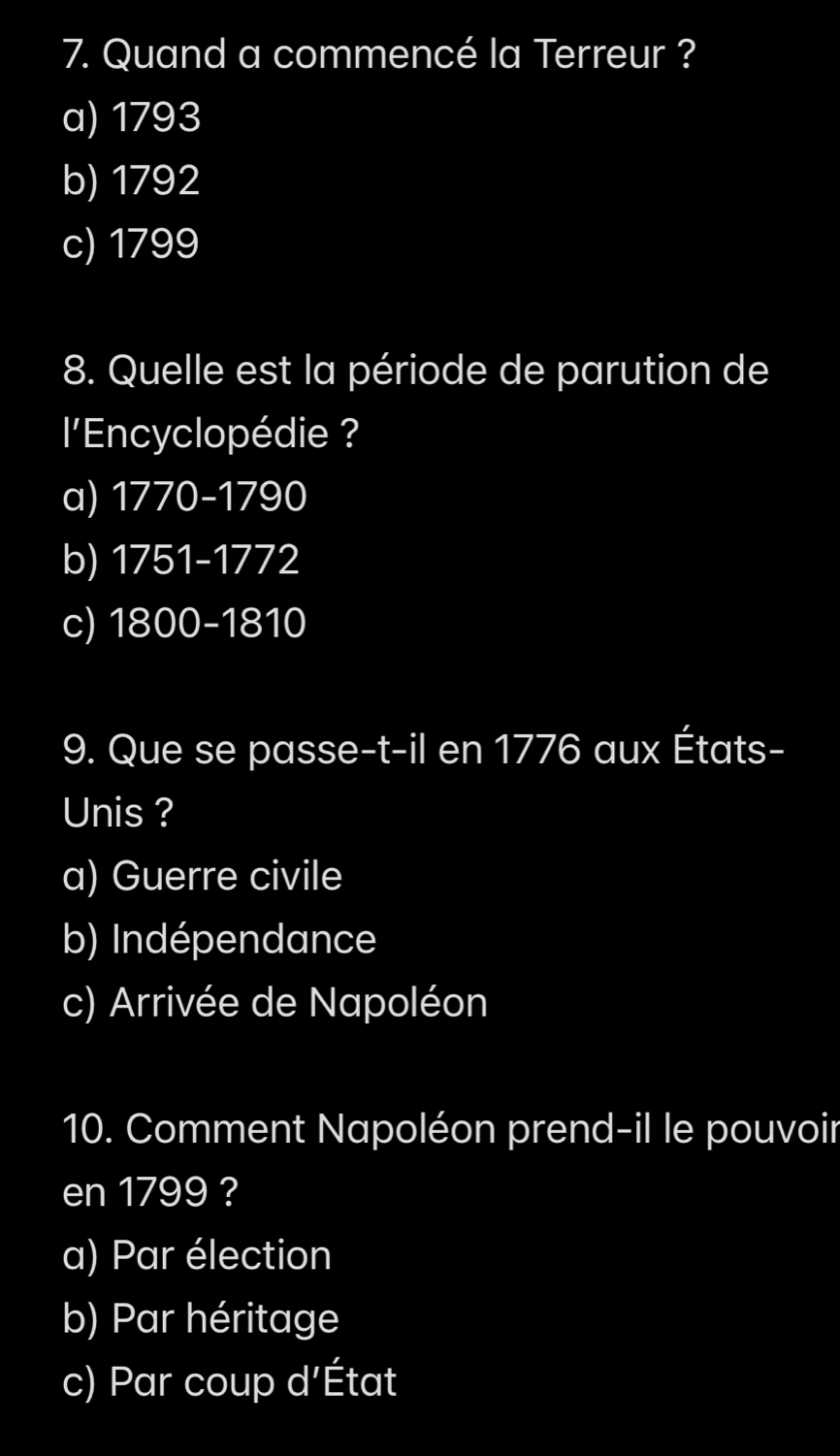 Résolu :Quand a commencé la Terreur ? a) 1793 b) 1792 c) 1799 8. Quelle ...