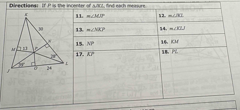 Directions: If P is the incenter of △ JKL