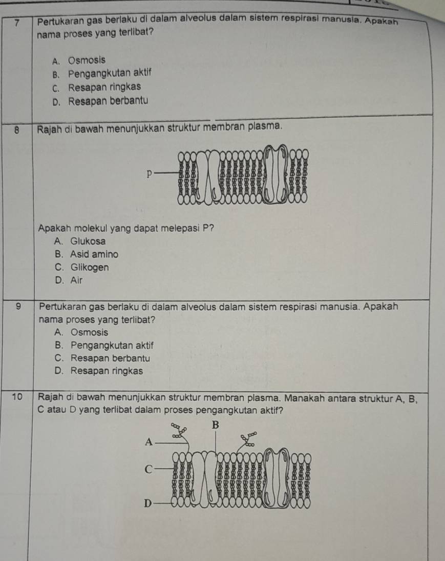 Pertukaran gas berlaku di dalam alveolus dalam sistem respirasi manusia. Apakan
nama proses yang terlibat?
A. Osmosis
B. Pengangkutan aktif
C. Resapan ringkas
D. Resapan berbantu
8 Rajah di bawah menunjukkan struktur membran plasma.
Apakah molekul yang dapat melepasi P?
A. Glukosa
B. Asid amino
C. Glikogen
D. Air
9 Pertukaran gas berlaku di dalam alveolus dalam sistem respirasi manusia. Apakah
nama proses yang terlibat?
A. Osmosis
B. Pengangkutan aktif
C. Resapan berbantu
D. Resapan ringkas
10 Rajah di bawah menunjukkan struktur membran plasma. Manakah antara struktur A, B,
C atau D yang terlibat dalam proses pengangkutan aktif?