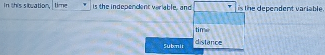 In this situation, time is the independent variable, and is the dependent variable. 
time 
Submit distance