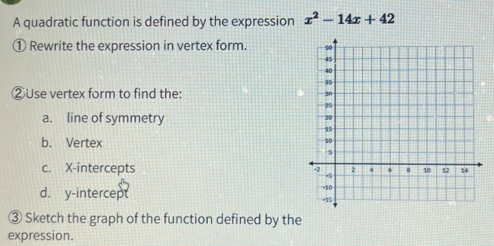 A quadratic function is defined by the expression x^2-14x+42
① Rewrite the expression in vertex form. 
②Use vertex form to find the: 
a. line of symmetry 
b. Vertex 
c. X-intercepts 
d. y-intercept 
③ Sketch the graph of the function defined by the 
expression.