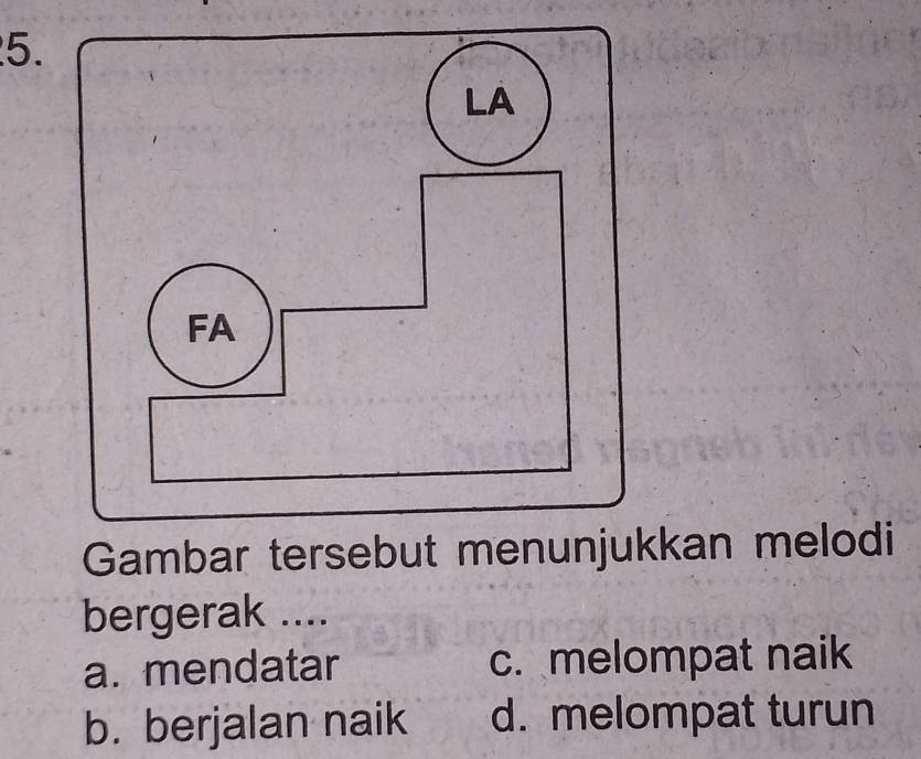 Gambar tersebut menunjukkan melodi
bergerak ....
a. mendatar c. melompat naik
b. berjalan naik d. melompat turun