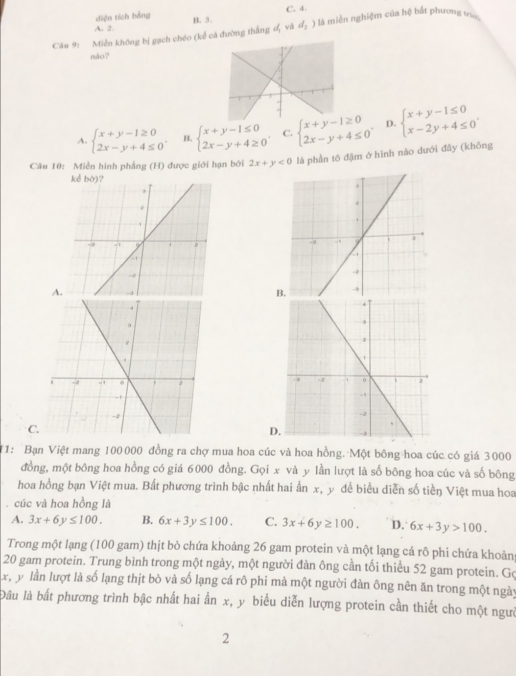 diện tích bằng
A. 2. B. 3. C. 4.
Câu 9: Miền không bị gạch chéo (kế cá đường thắng đị và d_2 ) là miền nghiệm của hệ bắt phương trư
nào?
A. beginarrayl x+y-1≥ 0 2x-y+4≤ 0endarray. . B. beginarrayl x+y-1≤ 0 2x-y+4≥ 0endarray. . C. beginarrayl x+y-1≥ 0 2x-y+4≤ 0endarray. . D. beginarrayl x+y-1≤ 0 x-2y+4≤ 0endarray. .
Câu 10: Miền hình phầng (H) được giới hạn bởi 2x+y<0</tex> là phần tô đậm ở hình nào dưới đây (không
kể bờ)?

A
B.
C
D
[1: Bạn Việt mang 100000 đồng ra chợ mua hoa cúc và hoa hồng. Một bông hoa cúc có giá 3000
đồng, một bông hoa hồng có giá 6000 đồng. Gọi x và y lần lượt là số bông hoa cúc và số bông
hoa hồng bạn Việt mua. Bất phương trình bậc nhất hai ấn x, y để biểu diễn số tiền Việt mua hoa
cúc và hoa hồng là
A. 3x+6y≤ 100. B. 6x+3y≤ 100. C. 3x+6y≥ 100. D. 6x+3y>100.
Trong một lạng (100 gam) thịt bò chứa khoảng 26 gam protein và một lạng cá rô phi chứa khoảng
20 gam protein. Trung bình trong một ngày, một người đàn ông cần tối thiểu 52 gam protein. Gọ
x, y lần lượt là số lạng thịt bò và số lạng cá rô phi mà một người đàn ông nên ăn trong một ngày
Đâu là bất phương trình bậc nhất hai ẩn x, y biểu diễn lượng protein cần thiết cho một ngườ
2