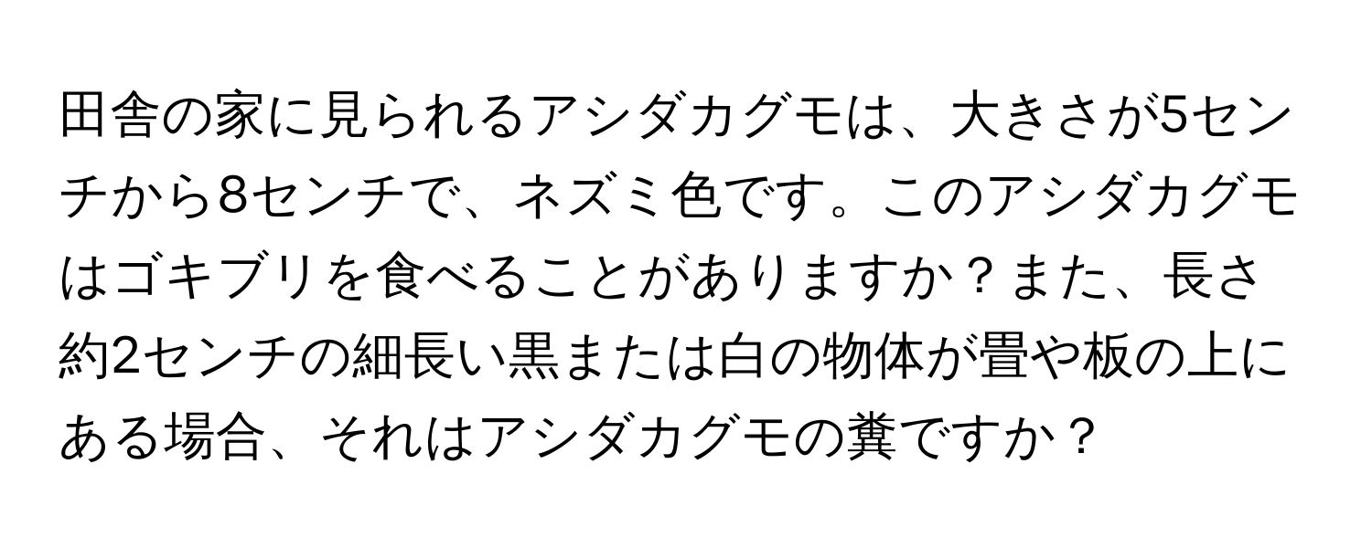 田舎の家に見られるアシダカグモは、大きさが5センチから8センチで、ネズミ色です。このアシダカグモはゴキブリを食べることがありますか？また、長さ約2センチの細長い黒または白の物体が畳や板の上にある場合、それはアシダカグモの糞ですか？