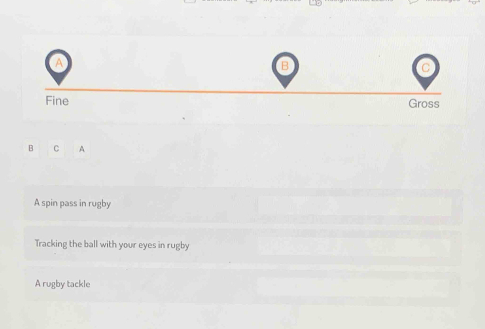 A
B
C
Fine Gross
B C A
A spin pass in rugby
Tracking the ball with your eyes in rugby
A rugby tackle