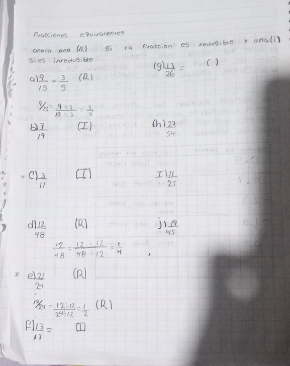 Dracciones equivalentes 
anora ona (R) gi ia Praccion es redusible r oncli) 
sies inredusible 
(9).  13/26 =
( ) 
a  9/1S = 3/S  (1)
 9/15 = (9/ 3)/15/ 3 = 3/5 
b  7/19  (I) 
Ch  27/54 
() 
c)  3/11  I) 11/25 
d  112/48  (B)
j) 19/45 
 12/48 = (12/ 12)/48/ 12 = 1/4 
e2] (R)
24
 12/21 = (12/ 12)/2^4/ 12 = 1/2  (R) 
P)  13/17 =
①