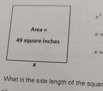 x^2
x=
X=
What is the side length of the squar