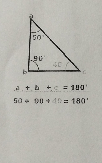 a+b+c=180°
50+90+40 =180°