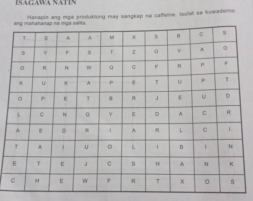 ISAGAWA NATIN 
Hanapin ang mga produktong may sangkap na caffeine. Isulat sa kuwaderno