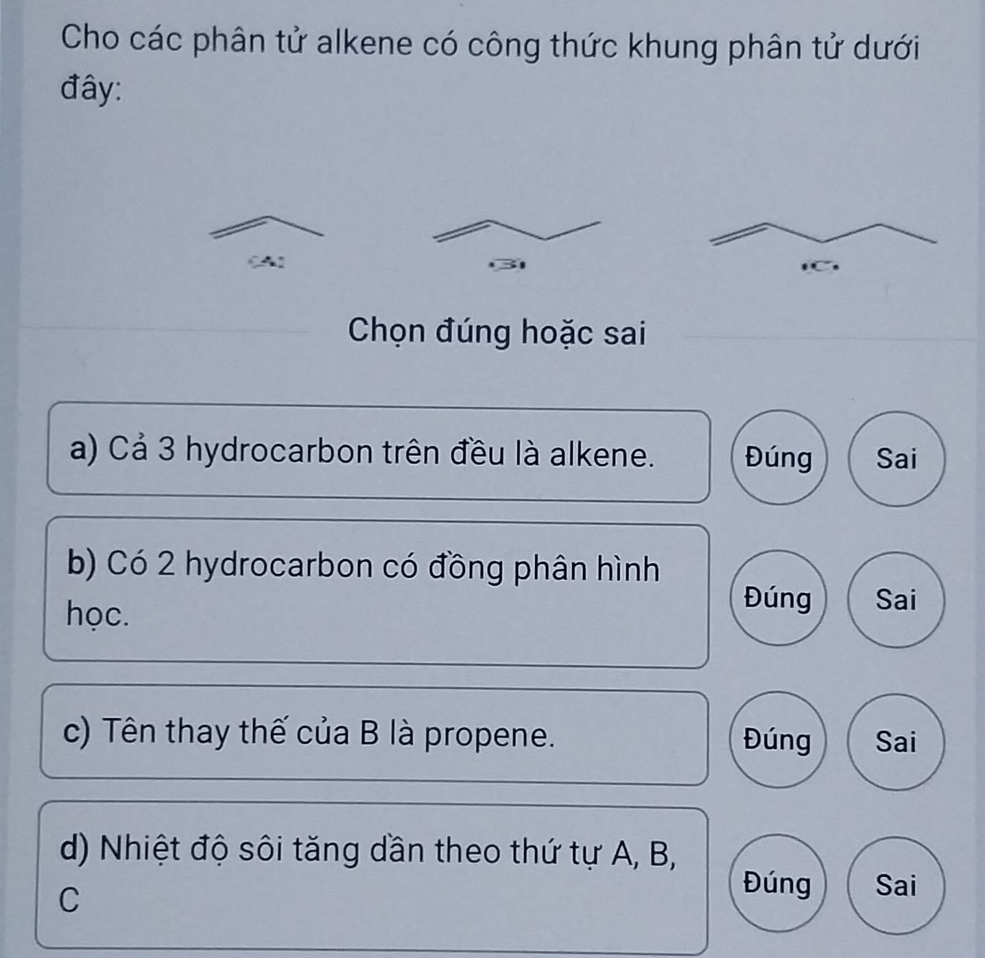 Cho các phân tử alkene có công thức khung phân tử dưới 
đây: 
Chọn đúng hoặc sai 
a) Cả 3 hydrocarbon trên đều là alkene. Sai 
Đúng 
b) Có 2 hydrocarbon có đồng phân hình 
học. 
Đúng Sai 
c) Tên thay thế của B là propene. Đúng Sai 
d) Nhiệt độ sôi tăng dần theo thứ tự A, B, 
C 
Đúng Sai