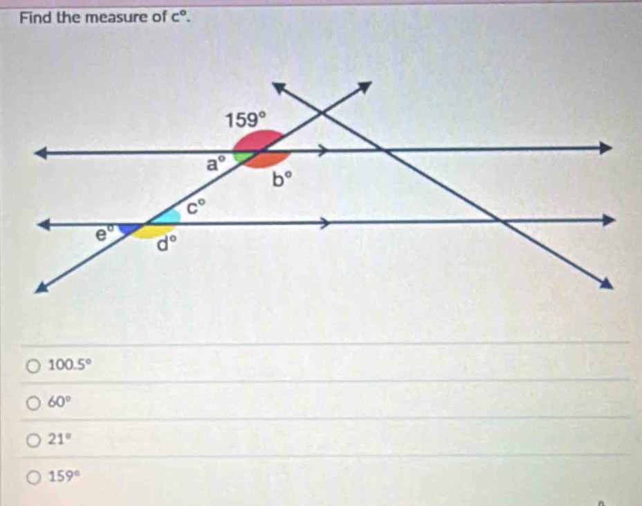 Find the measure of c°.
100.5°
60°
21°
159°