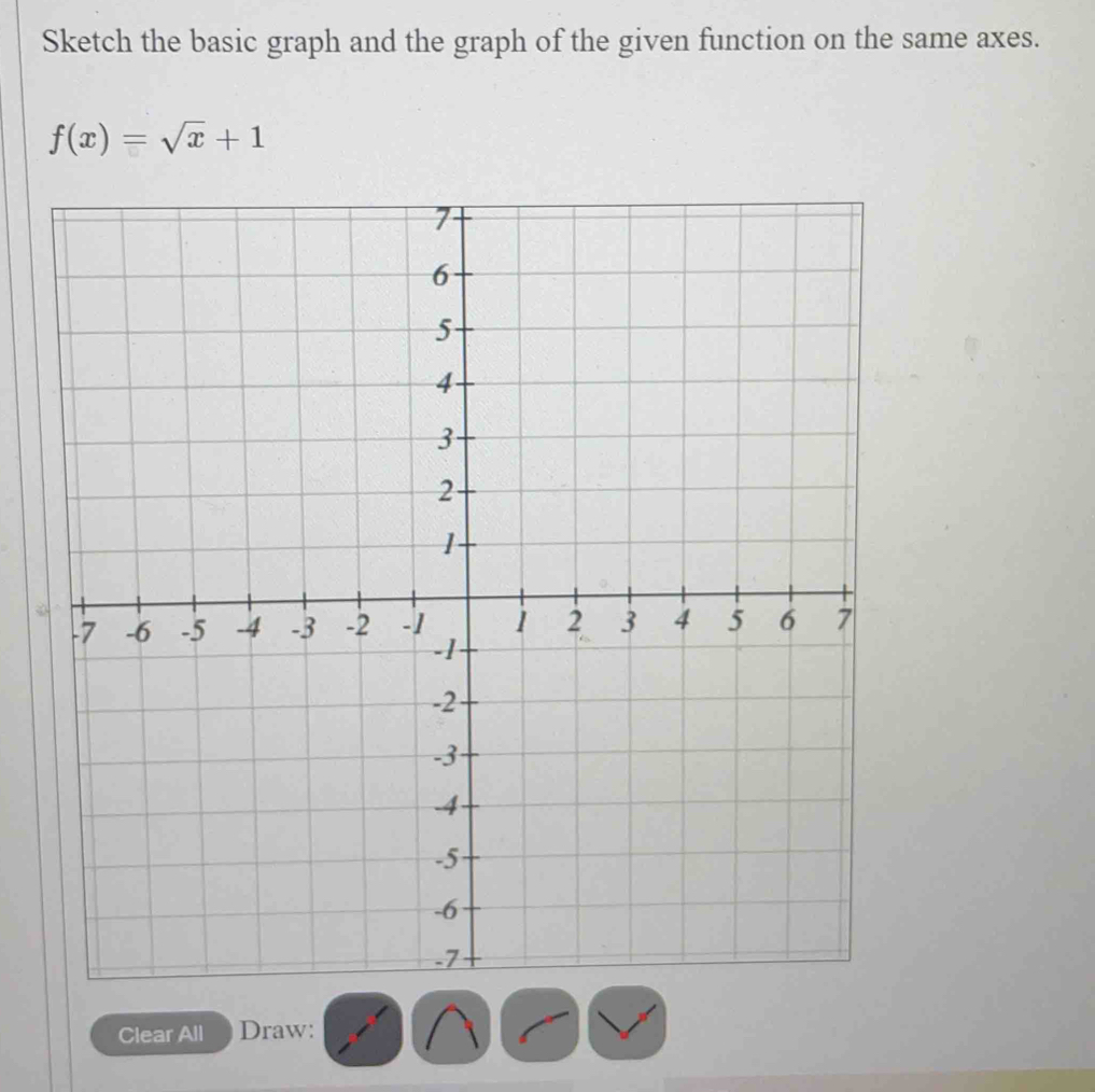 Sketch the basic graph and the graph of the given function on the same axes.
f(x)=sqrt(x)+1
Clear All Draw: