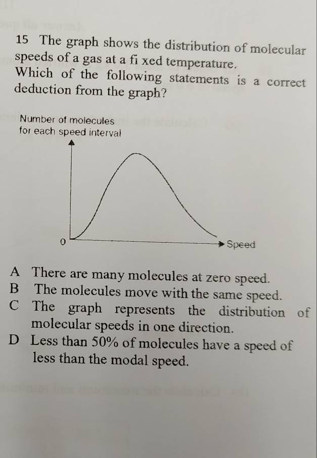 The graph shows the distribution of molecular
speeds of a gas at a fi xed temperature.
Which of the following statements is a correct
deduction from the graph?
Number of molecules
for each speed interval
A There are many molecules at zero speed.
B The molecules move with the same speed.
C The graph represents the distribution of
molecular speeds in one direction.
D Less than 50% of molecules have a speed of
less than the modal speed.