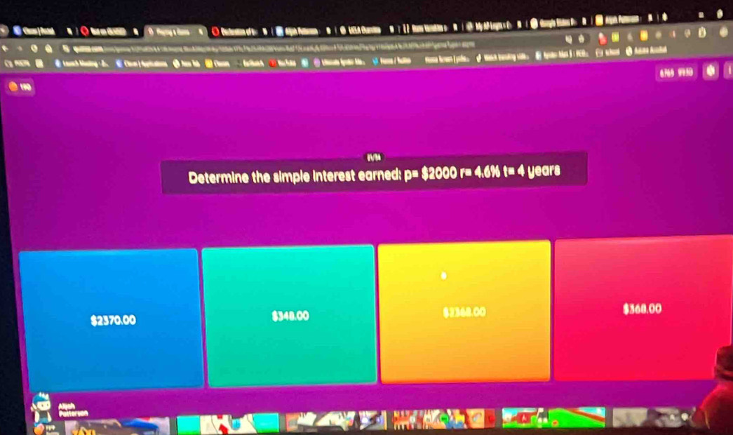 Can| Patal ( > Codeineft= B( AhAmn; D ( O UELA Cnn # / l2 RWd sR ) @My AP ingn= C> B  C
e e e e 

0769 905D
Determine the simple interest earned: p= $2000 r= 4.6% t= 4 years
$2370.00 $348.00 $2368.00 $368.00