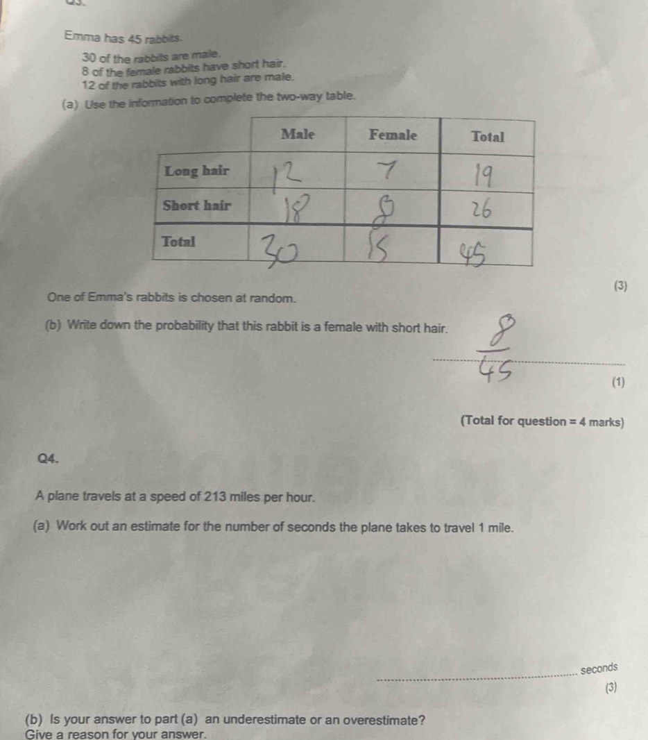 Emma has 45 rabbits.
30 of the rabbits are male.
8 of the female rabbits have short hair.
12 of the rabbits with long hair are male. 
(a) Use the information to complete the two-way table. 
(3) 
One of Emma's rabbits is chosen at random. 
(b) Write down the probability that this rabbit is a female with short hair. 
_ 
(1) 
(Total for question =4 marks) 
Q4. 
A plane travels at a speed of 213 miles per hour. 
(a) Work out an estimate for the number of seconds the plane takes to travel 1 mile. 
_ seconds
(3) 
(b) Is your answer to part (a) an underestimate or an overestimate? 
Give a reason for vour answer