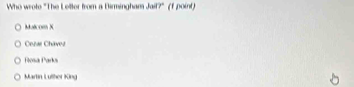 Who wrote "The Letter from a Birmingham Ja 112° (1 point)
Malcom X
Cezar Chávez
Rosa Parks
Martin Luther King