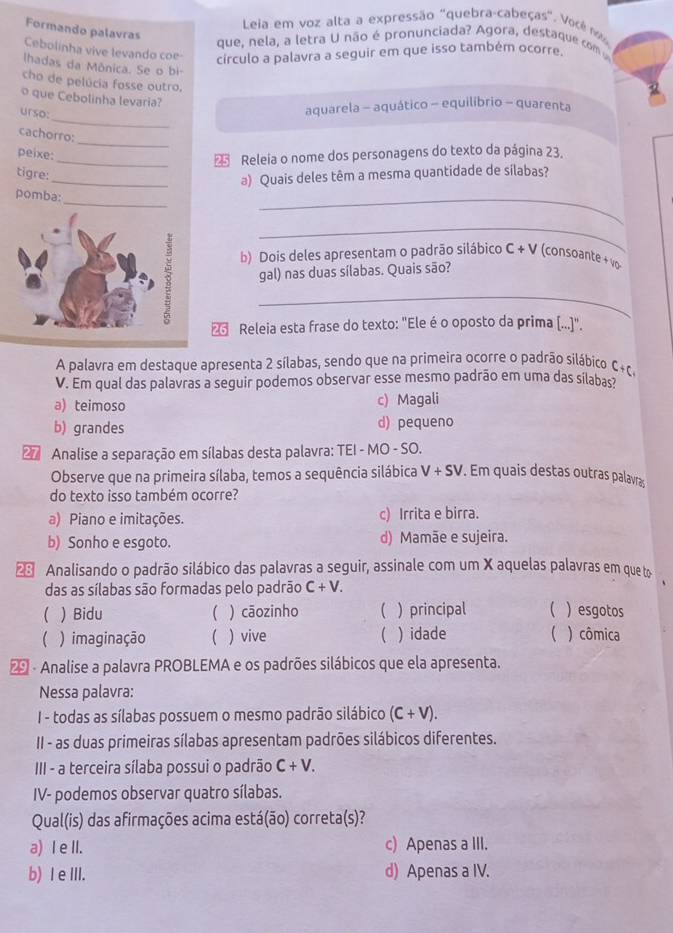 Leia em voz alta a expressão "quebra-cabeças". Você no
Formando palavras
que, nela, a letra U não é pronunciada? Agora, destaque comu
Cebolinha vive levando coe circulo a palavra a seguir em que isso também ocorre.
lhadas da Mônica. Se o bi-
cho de pelúcia fosse outro.
o que Cebolinha levaria?
_
urso:
aquarela - aquático - equilíbrio - quarenta
cachorro:
peixe:
_
_ Releia o nome dos personagens do texto da página 23.
tigre:
_a) Quais deles têm a mesma quantidade de sílabas?
_
pomba:
_
_
b) Dois deles apresentam o padrão silábico C+V (consoante + vo
gal) nas duas sílabas. Quais são?
_
26 Releia esta frase do texto: "Ele é o oposto da prima [...]".
A palavra em destaque apresenta 2 sílabas, sendo que na primeira ocorre o padrão silábico C+ç.
V. Em qual das palavras a seguir podemos observar esse mesmo padrão em uma das silabas
a) teimoso c) Magali
b) grandes d) pequeno
2 Analise a separação em sílabas desta palavra: TEI - MO - SO.
Observe que na primeira sílaba, temos a sequência silábica V+SV. Em quais destas outras palavra:
do texto isso também ocorre?
a) Piano e imitações. c) Irrita e birra.
b) Sonho e esgoto. d) Mamãe e sujeira.
Analisando o padrão silábico das palavras a seguir, assinale com um X aquelas palavras em queto
das as sílabas são formadas pelo padrão C+V.
) Bidu ( ) cāozinho  ) principal (  esgotos
( ) imaginação ( ) vive  ) idade  ) cômica
* - Analise a palavra PROBLEMA e os padrões silábicos que ela apresenta.
Nessa palavra:
I - todas as sílabas possuem o mesmo padrão silábico (C+V).
II - as duas primeiras sílabas apresentam padrões silábicos diferentes.
III - a terceira sílaba possui o padrão C+V.
IV- podemos observar quatro sílabas.
Qual(is) das afirmações acima está(ão) correta(s)?
a) I e II. c) Apenas a III.
b) I eⅢII. d) Apenas a IV.