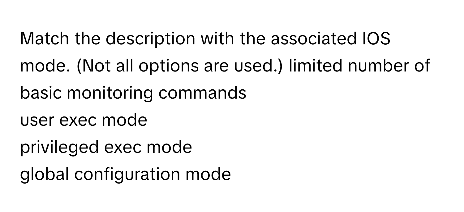 Solved: Match the description with the associated IOS mode. (Not all ...
