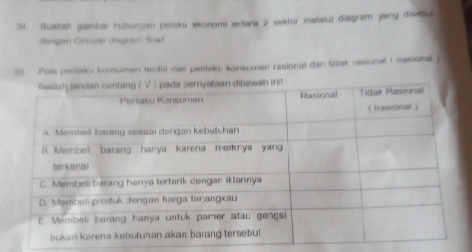 Buatiah gambar hubungan pelaku ekonomi antara 2 sektor melalui diagram yang disebu 
dengan Circular diagram flow! 
35. Pola perilaku konsumen terdiri dan perilaku konsumen rasional dan tidak rasional ( irasional )