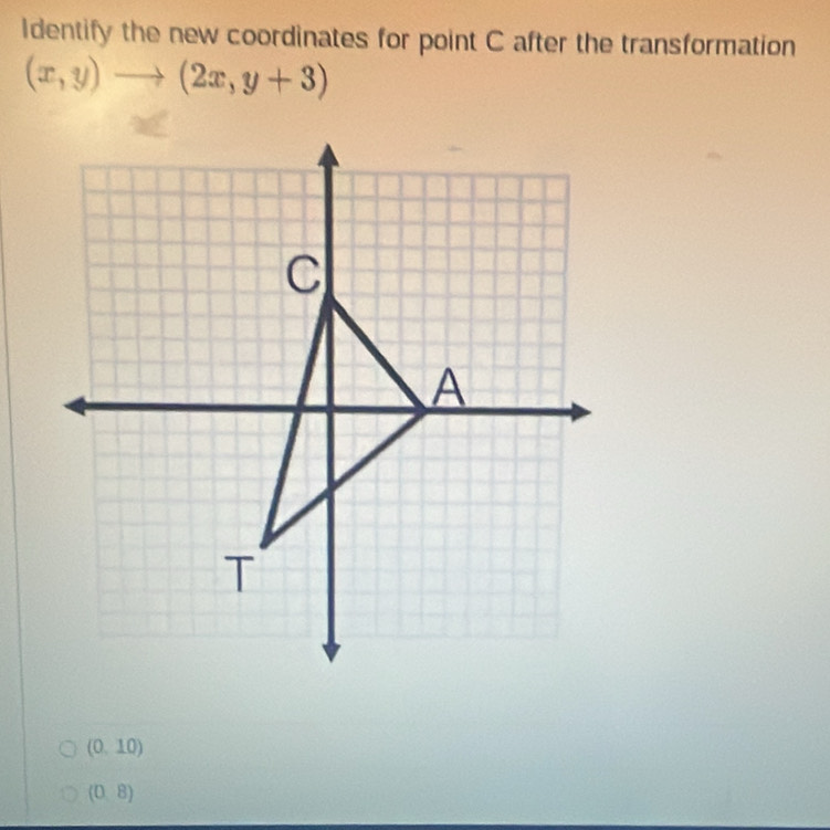 Identify the new coordinates for point C after the transformation
(x,y)to (2x,y+3)
(0,10)
(08)